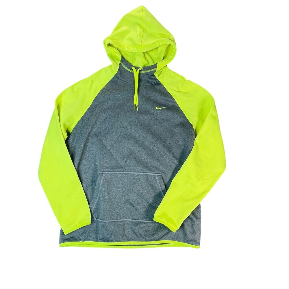 Nike Therma-FIT Men’s Medium Gray Volt Neon Pullover Hoodie Thumbhole Athletic